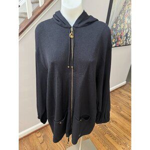 ST JOHN Sport Black Wool Knit Zip Front Hoodie Hooded Logo Jacket Size Large